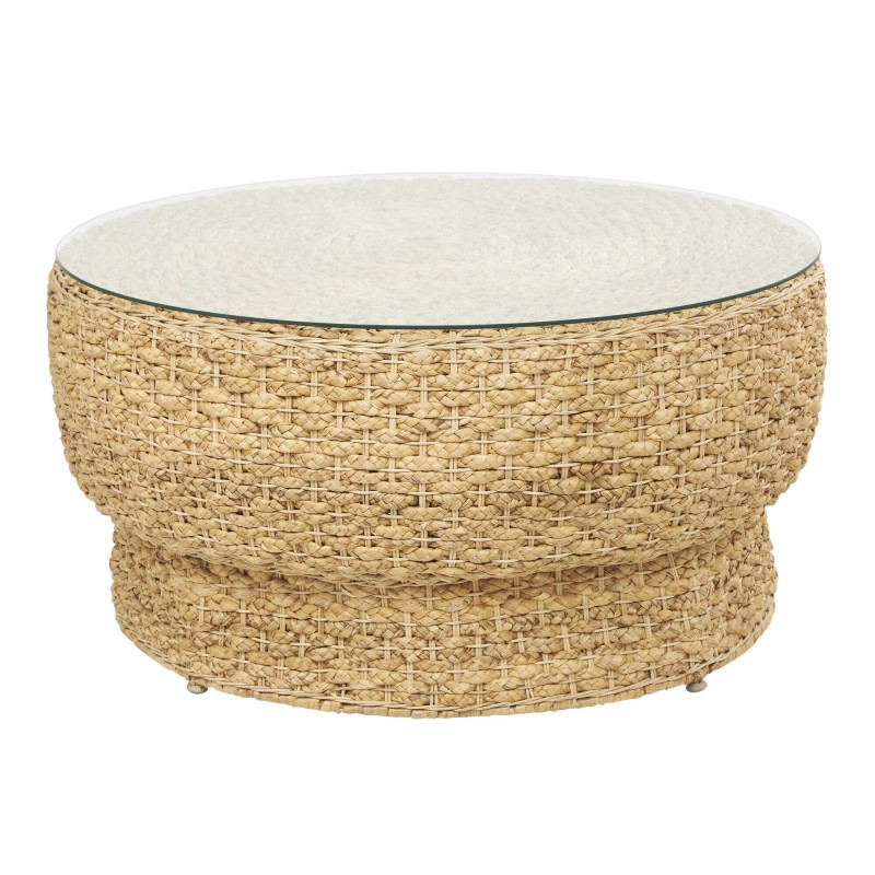 Yuscaran Round Natural Rattan and Glass Top Coffee Table