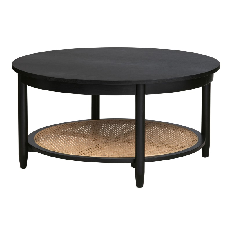 Connaught Round Black Wood and Rattan Coffee Table with Shelf